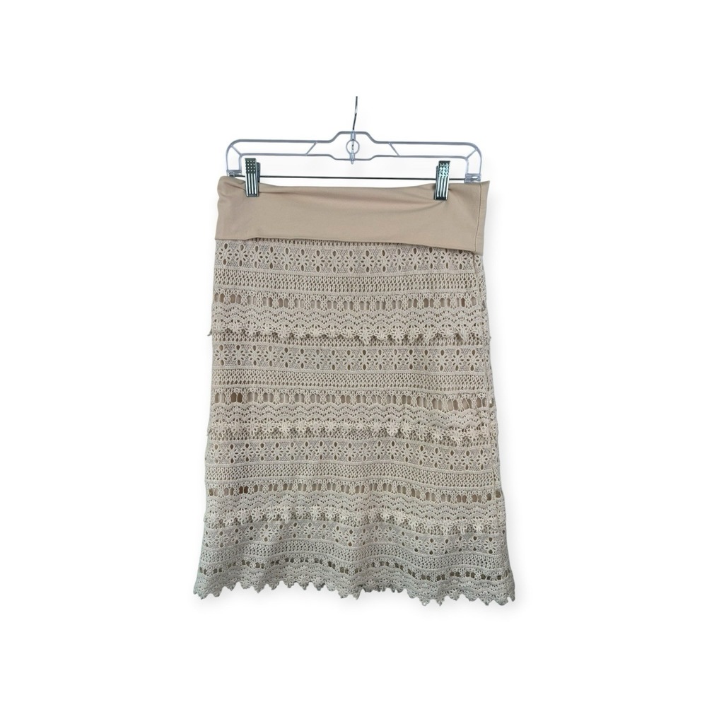 Solitaire Womens Open Knit Crochet Lace Midi Skirt Sz M Boho Cottage Festival